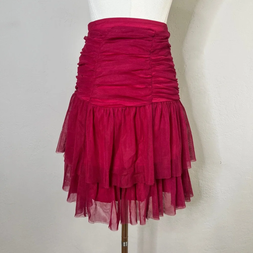 Maeve Anthropologie Ruched Tulle Mesh Tiered Ruffle Skirt Fuchsia Pink Size 0‎